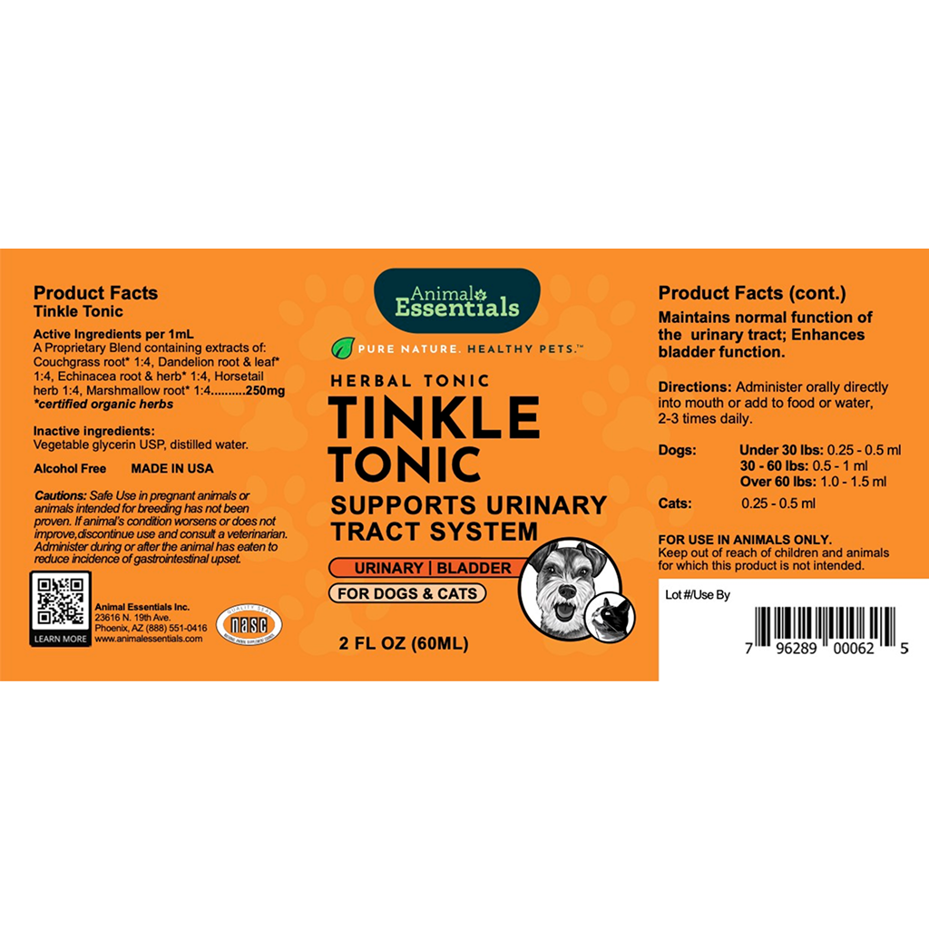 Label of Animal Essentials Herbal Tonic Tinkle Tonic for dogs and cats on an orange background