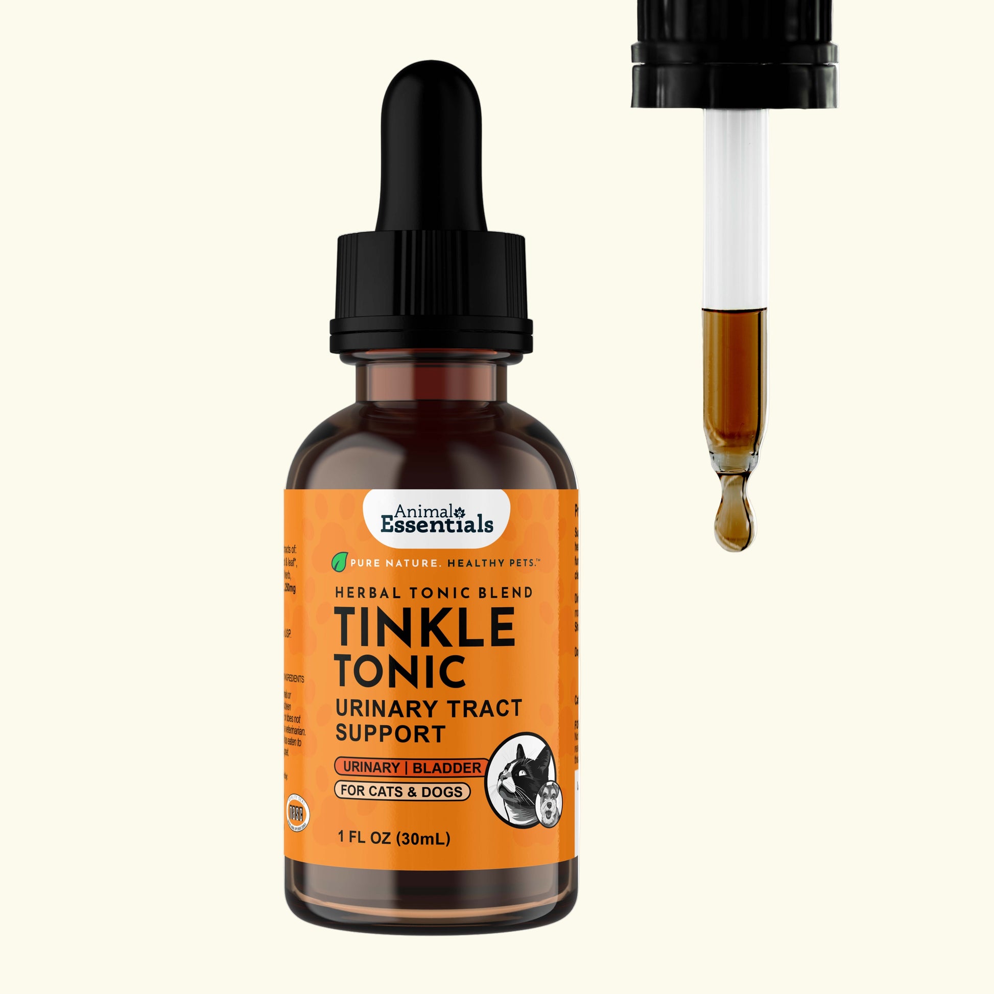 Bottle of Animal Essentials Tinkle Tonic Urinary Tract supplement with dropper on a white background
