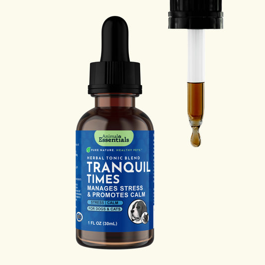 Bottle of Animal Essentials Tranquil Times supplement with dropper on a white background