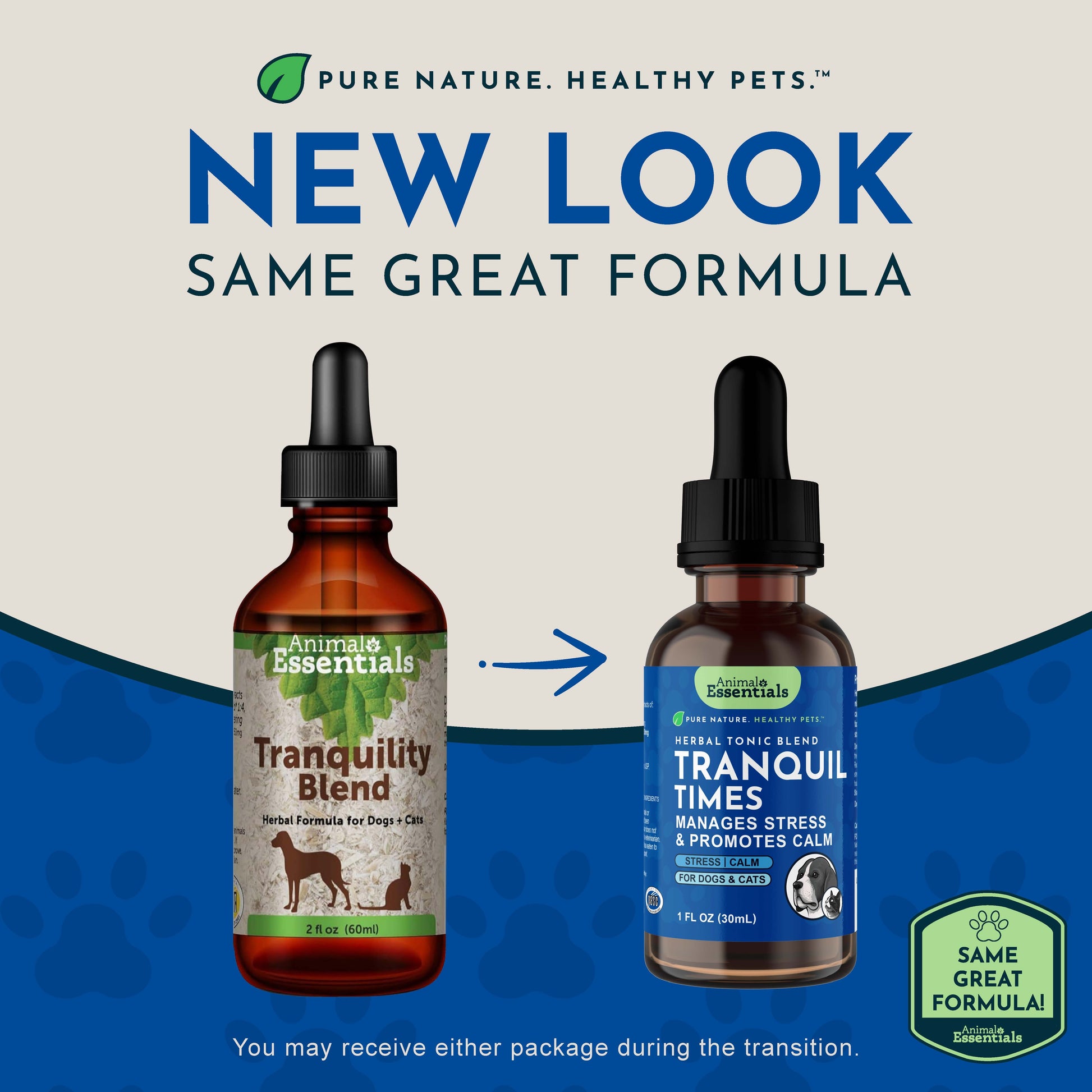 Two bottles of Animal Essentials Tranquil Times with a blue and green color scheme.