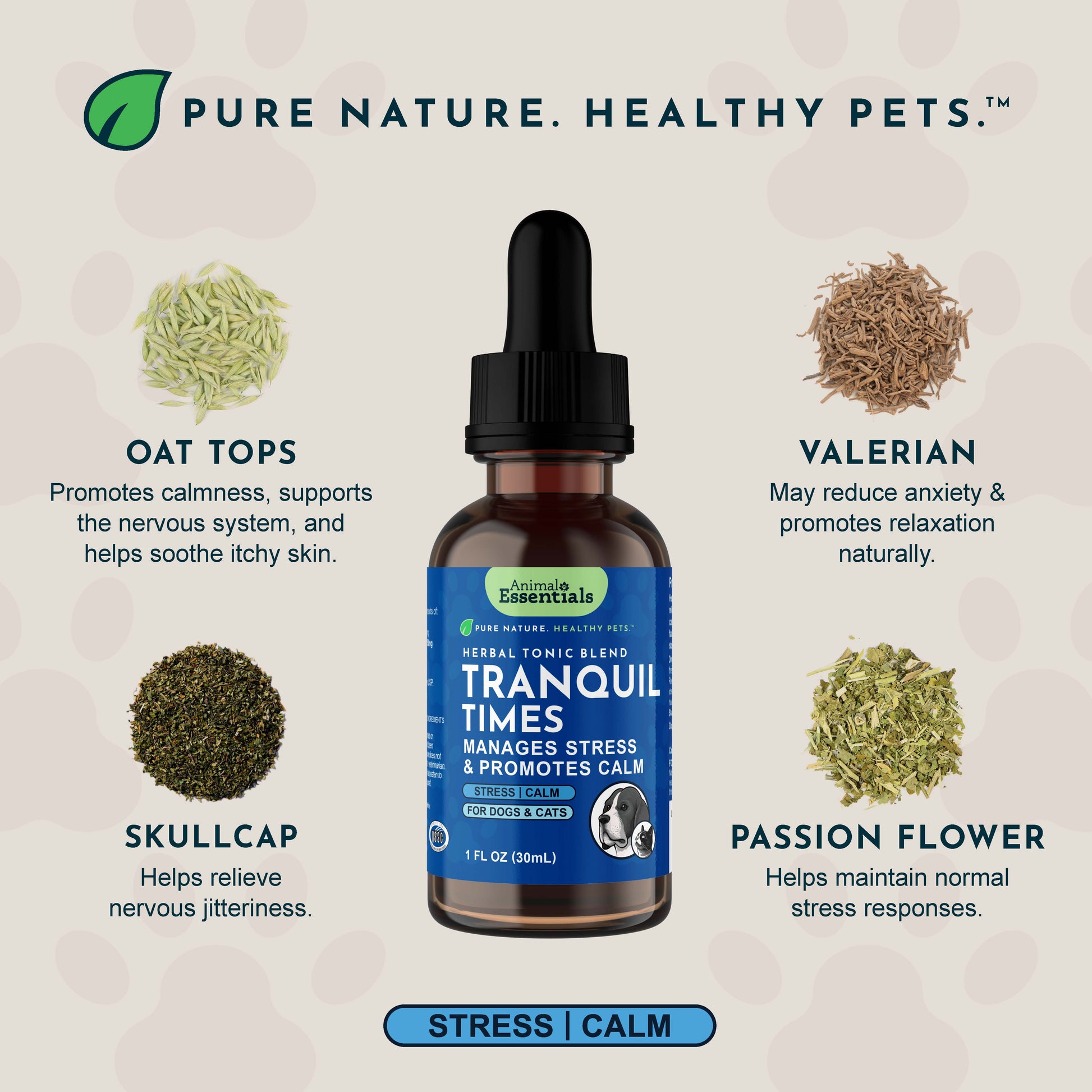Bottle of Animal Essentials Tranquil Times herbal tonic blend with ingredients and benefits on a beige background