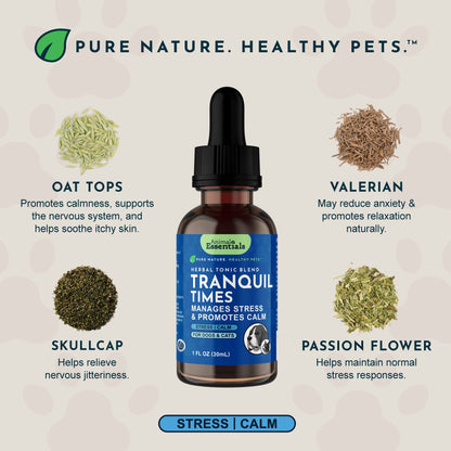 Bottle of Animal Essentials Tranquil Times herbal tonic blend with ingredients and benefits on a beige background