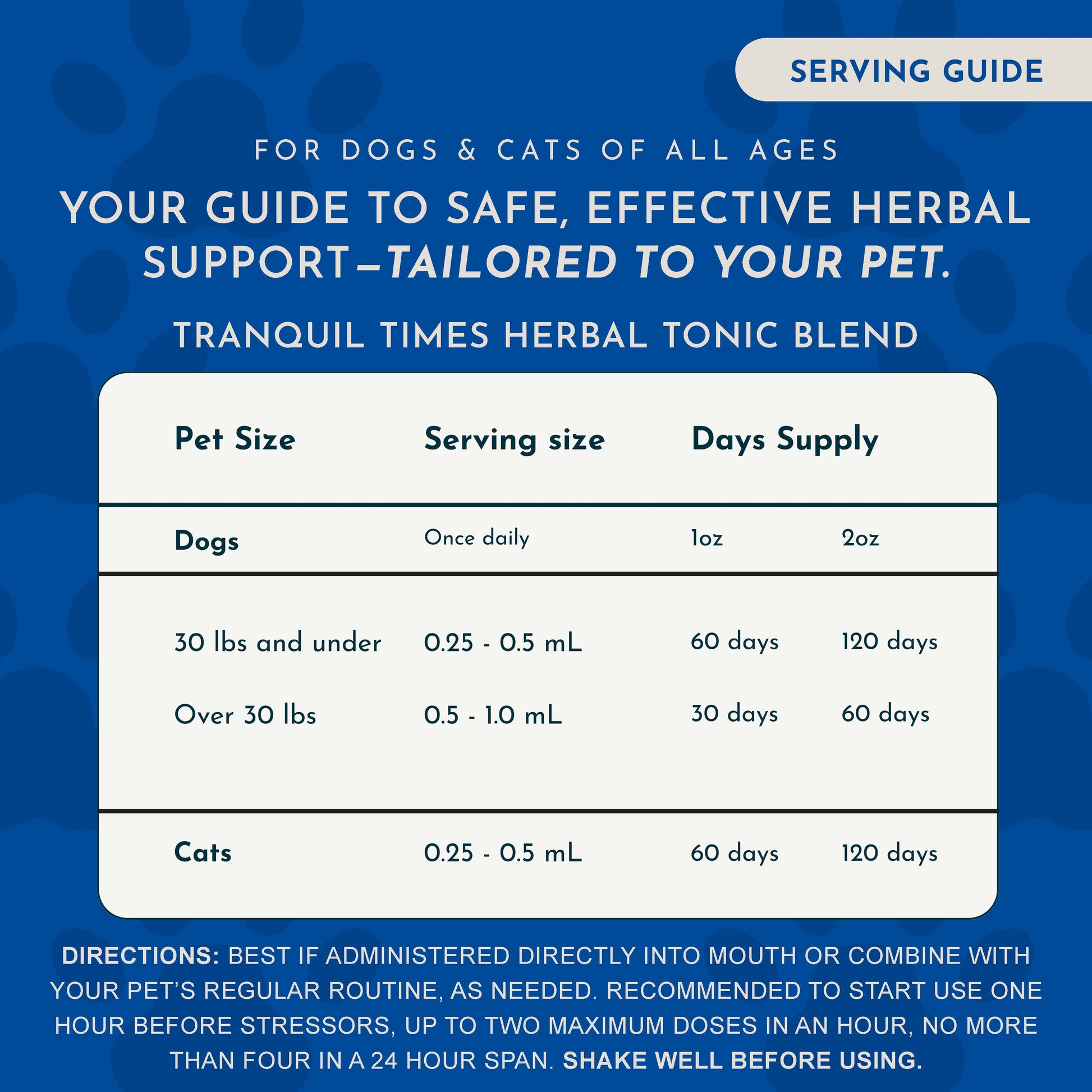 Animal Essentials Tranquil Times Herbal tonic blend serving guide for dogs and cats on a blue background