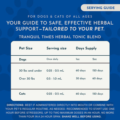 Animal Essentials Tranquil Times Herbal tonic blend serving guide for dogs and cats on a blue background