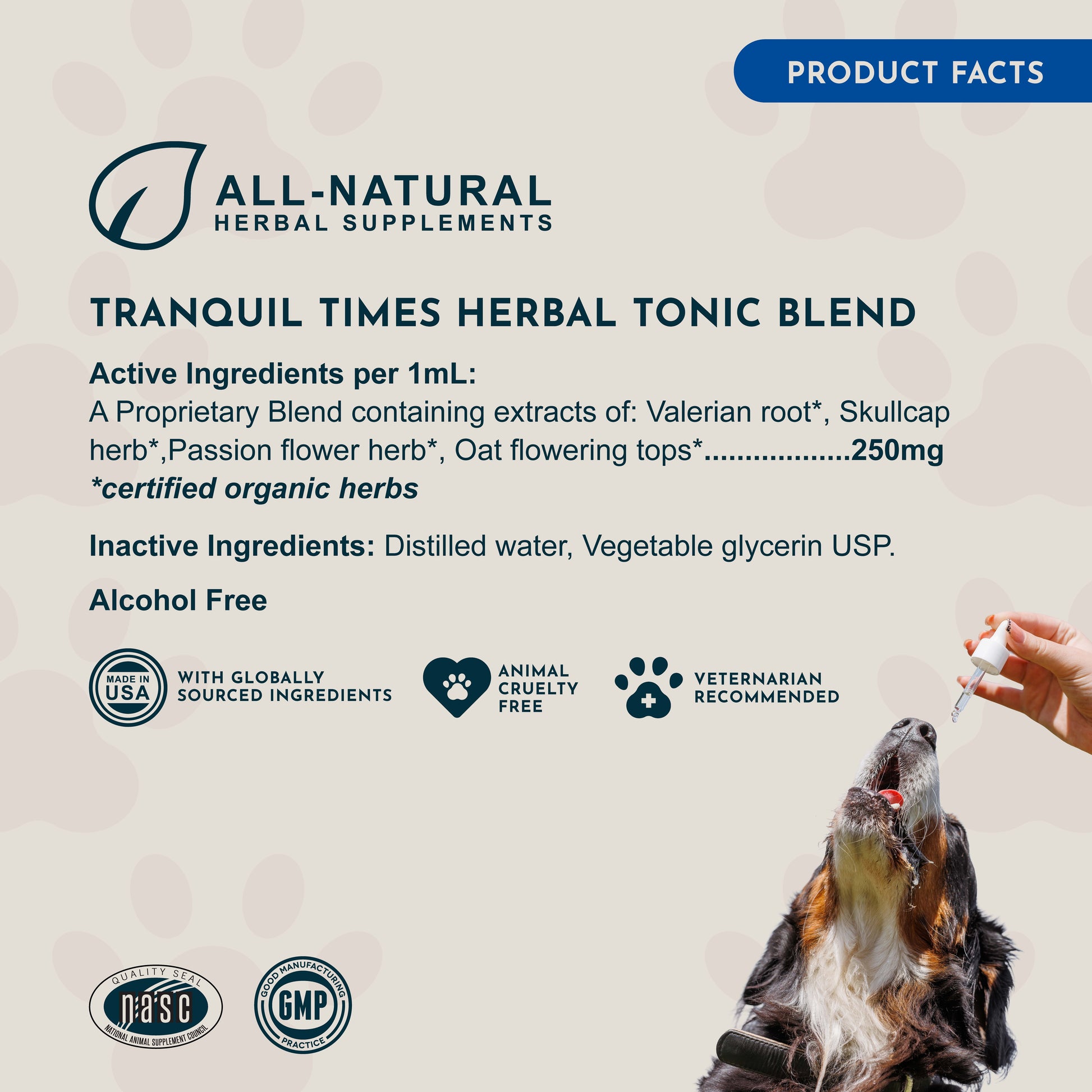 Product label for Animal Essentials Tranquil Times Herbal Tonic Blend with a dog and hand holding a dropper.