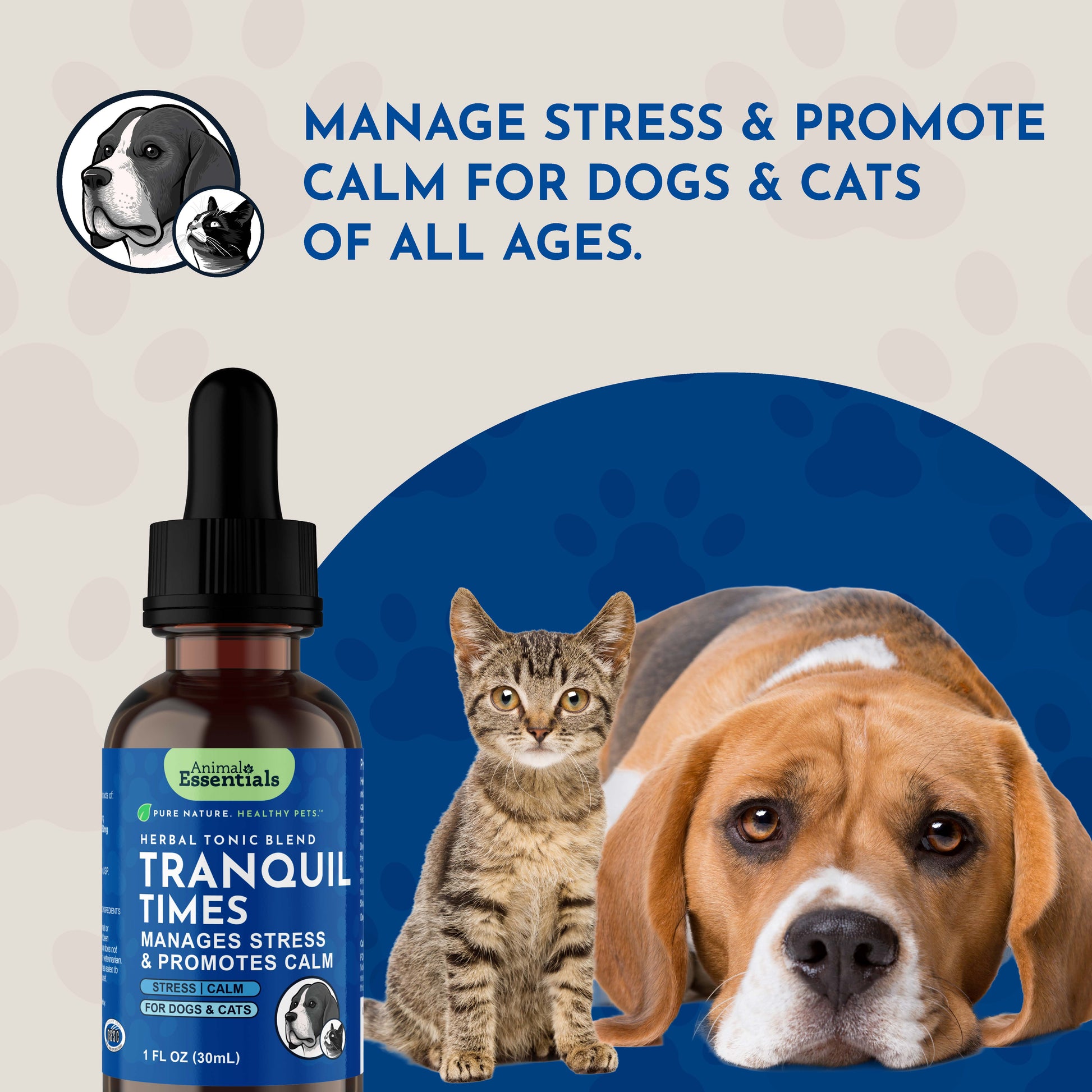 Bottle of Animal Essentials Tranquil Times product with a cat and dog on a blue and beige background