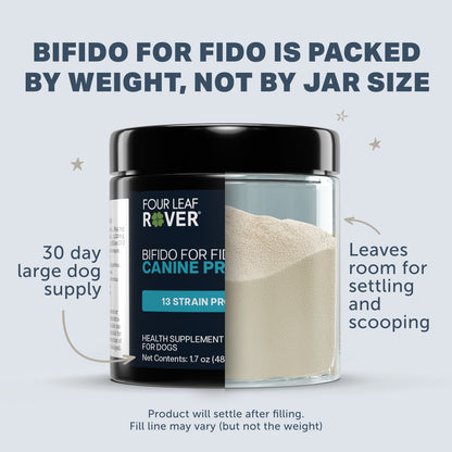 Four Leaf Rover Bifido for Fido jar with text explaining weight packaging and product details.