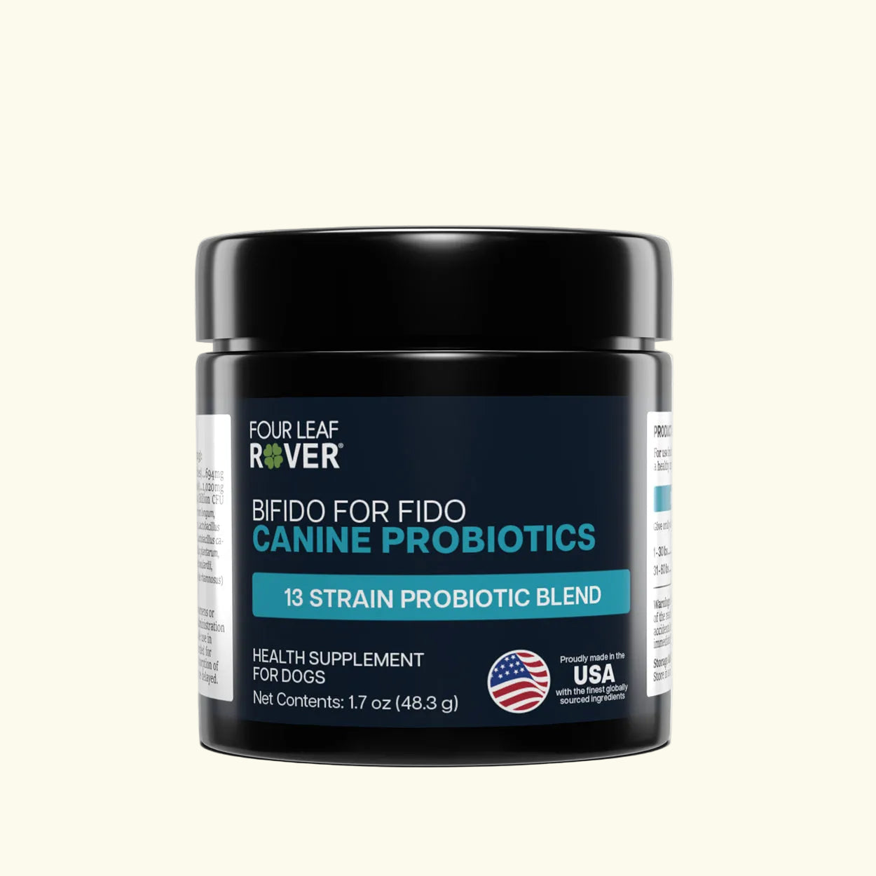 Four Leaf Rover Bifido for Fido canine probiotics jar on a white background