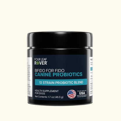 Four Leaf Rover Bifido for Fido canine probiotics jar on a white background