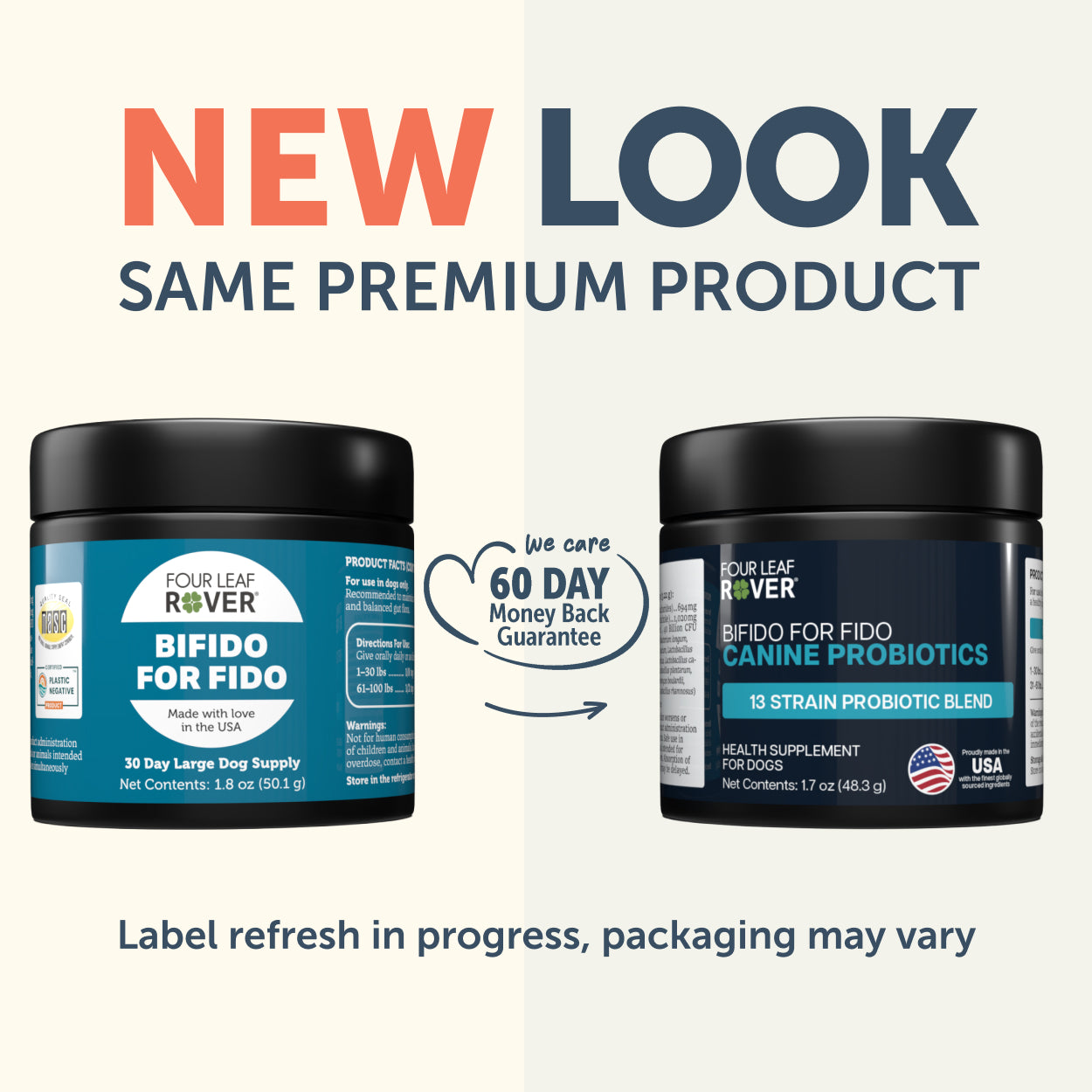 Two containers of Four Leaf Rover Bifido for Fido with text indicating a new look and same premium product.