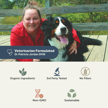 Dr Patricia Jordan DVM - formulator of Four Leaf Rover Bifido for Fido - with a dog on a wooden deck. Highlights of the product listed: organic, third-party tested, no fillers, sustainable, non-GMO.