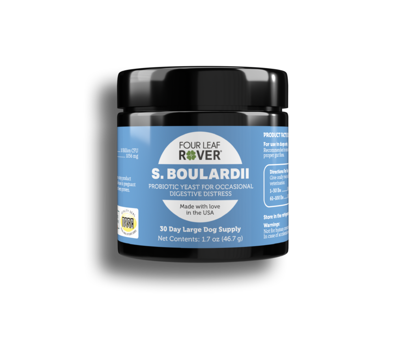 Jar of S. Boulardii supplement with blue label on a white background
