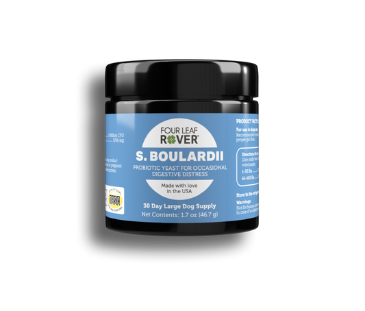 Jar of S. Boulardii supplement with blue label on a white background