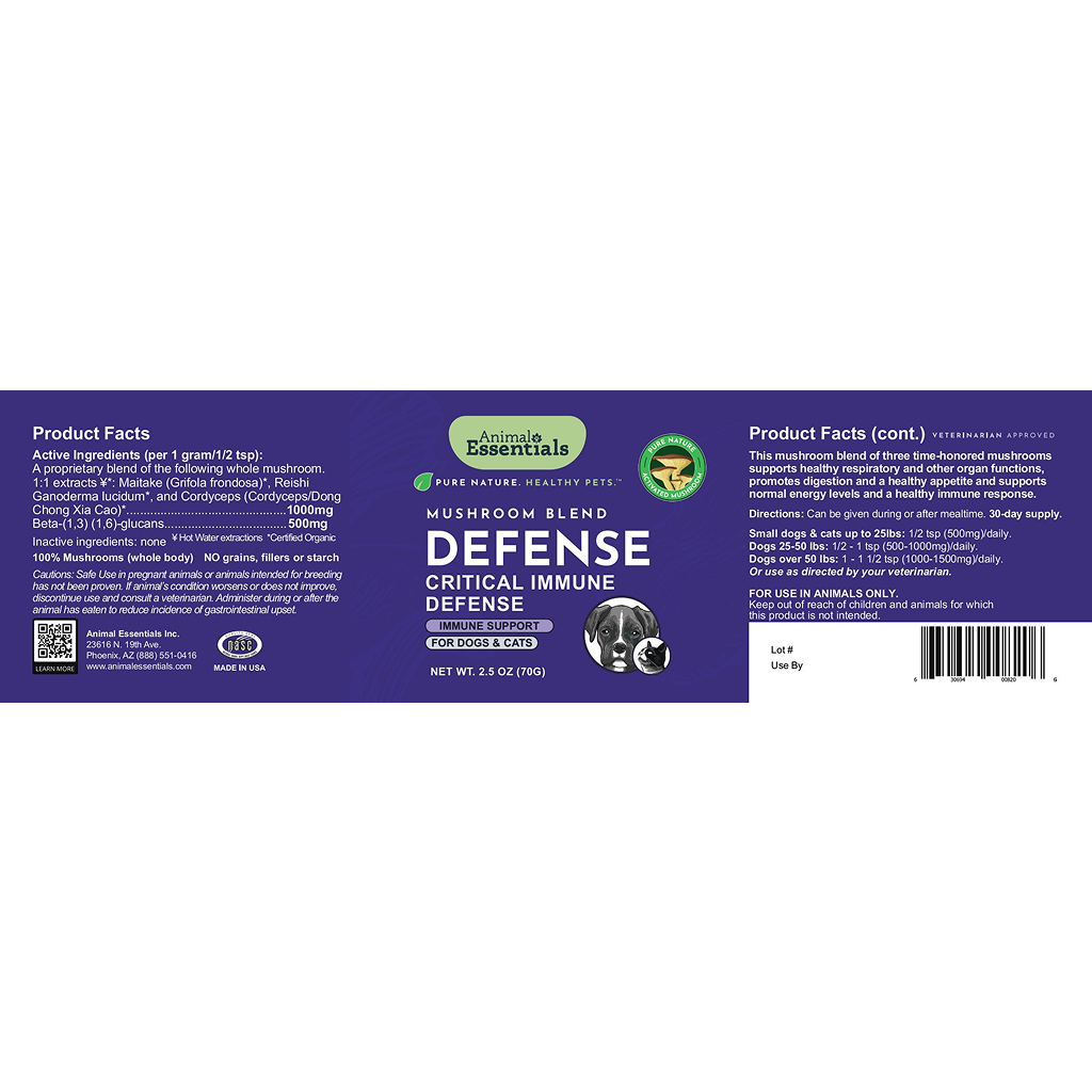Animal Essentials Defense Mushroom Powder Blend supplement for dogs, full label