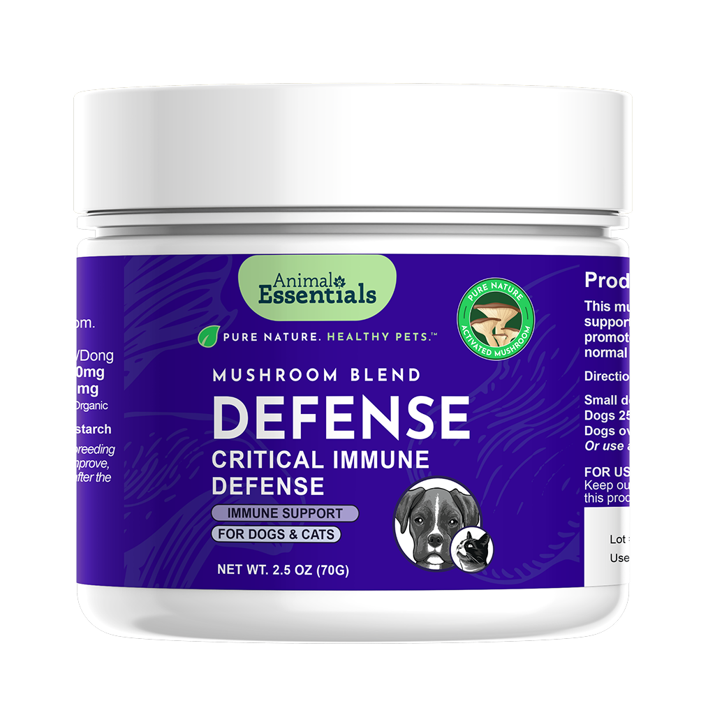 Animal Essentials Defense Mushroom Powder Blend close-up packaging for dog health