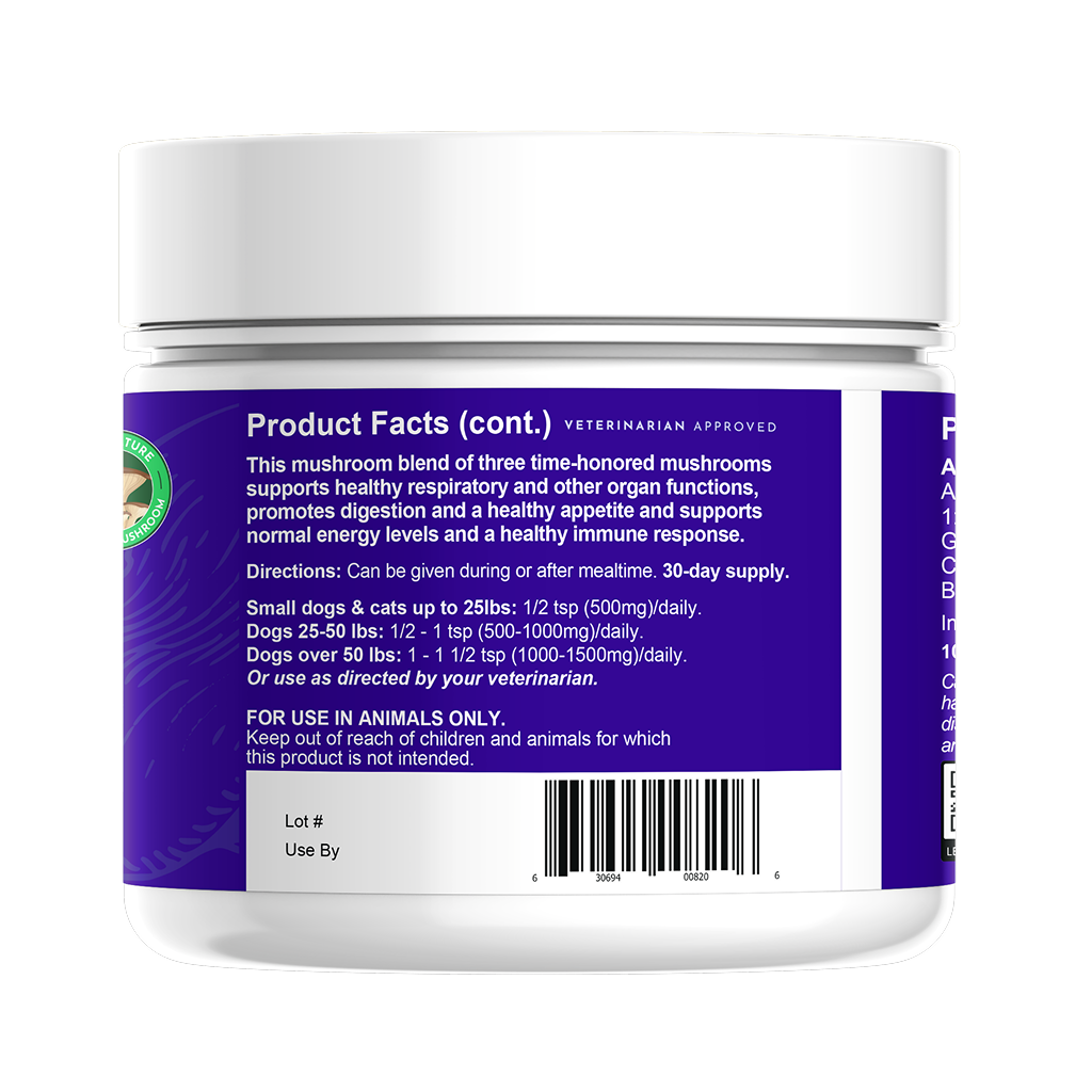 Animal Essentials Defense Mushroom Powder Blend supplement product detail for dogs