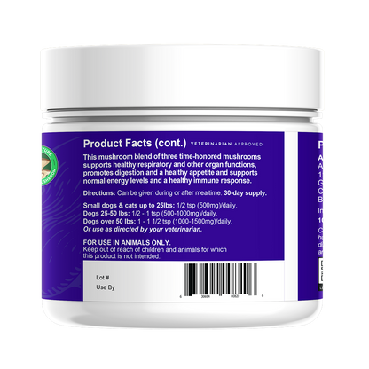 Animal Essentials Defense Mushroom Powder Blend supplement product detail for dogs
