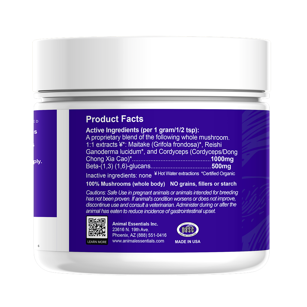 Animal Essentials Defense Mushroom Powder Blend dog supplement package side view