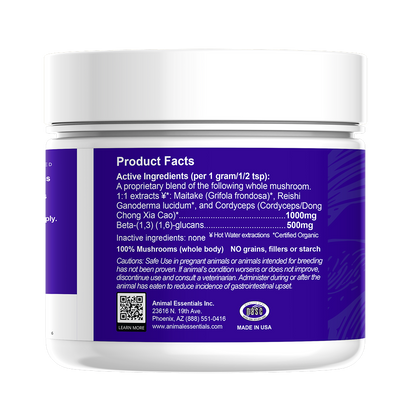 Animal Essentials Defense Mushroom Powder Blend dog supplement package side view