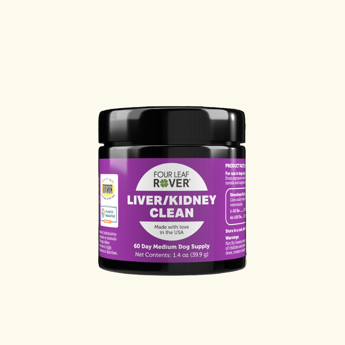 Purple jar labeled 'Liver/Kidney Clean' by Four Leaf Rover on a white background