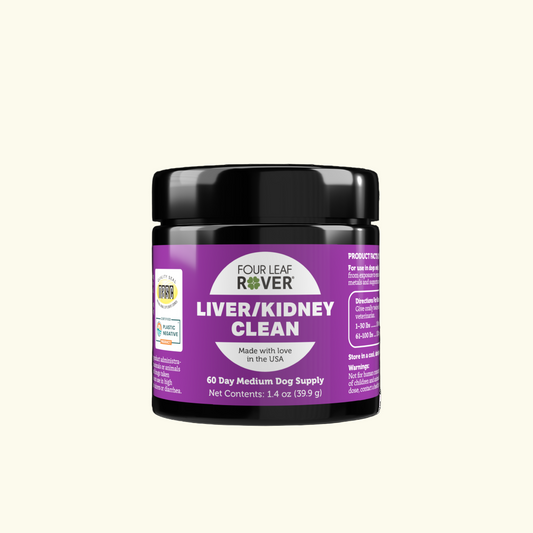 Purple jar labeled 'Liver/Kidney Clean' by Four Leaf Rover on a white background