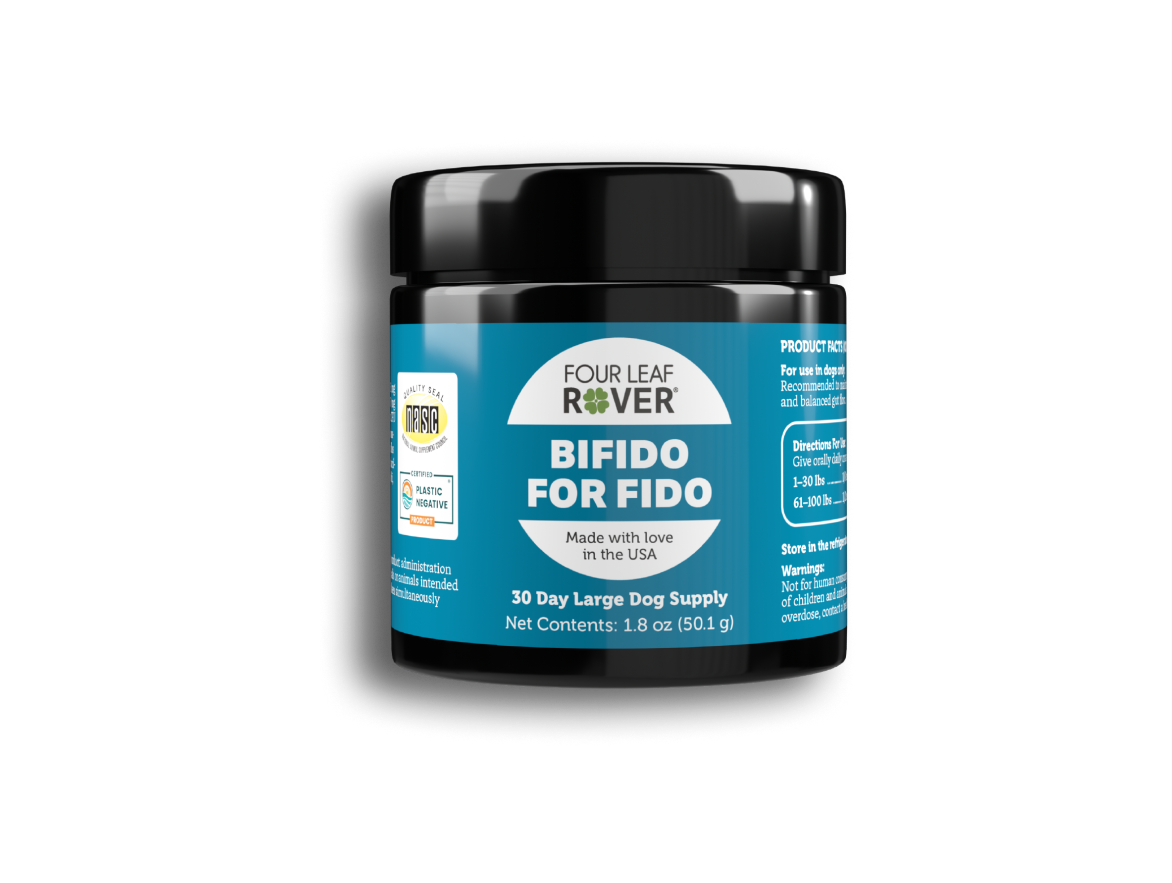 Jar of 'Bifido for Fido' by Four Leaf Rover on a white background