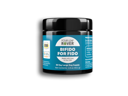 Jar of 'Bifido for Fido' by Four Leaf Rover on a white background