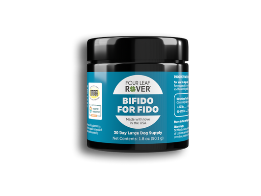 Jar of 'Bifido for Fido' by Four Leaf Rover on a white background
