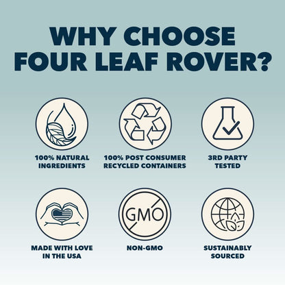 Promotional graphic for Four Leaf Rover with sustainability icons and text on a light blue background.