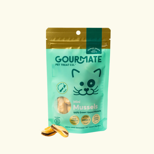 Gourmate Pet Treat Co. package of Mini Mussels on a white background