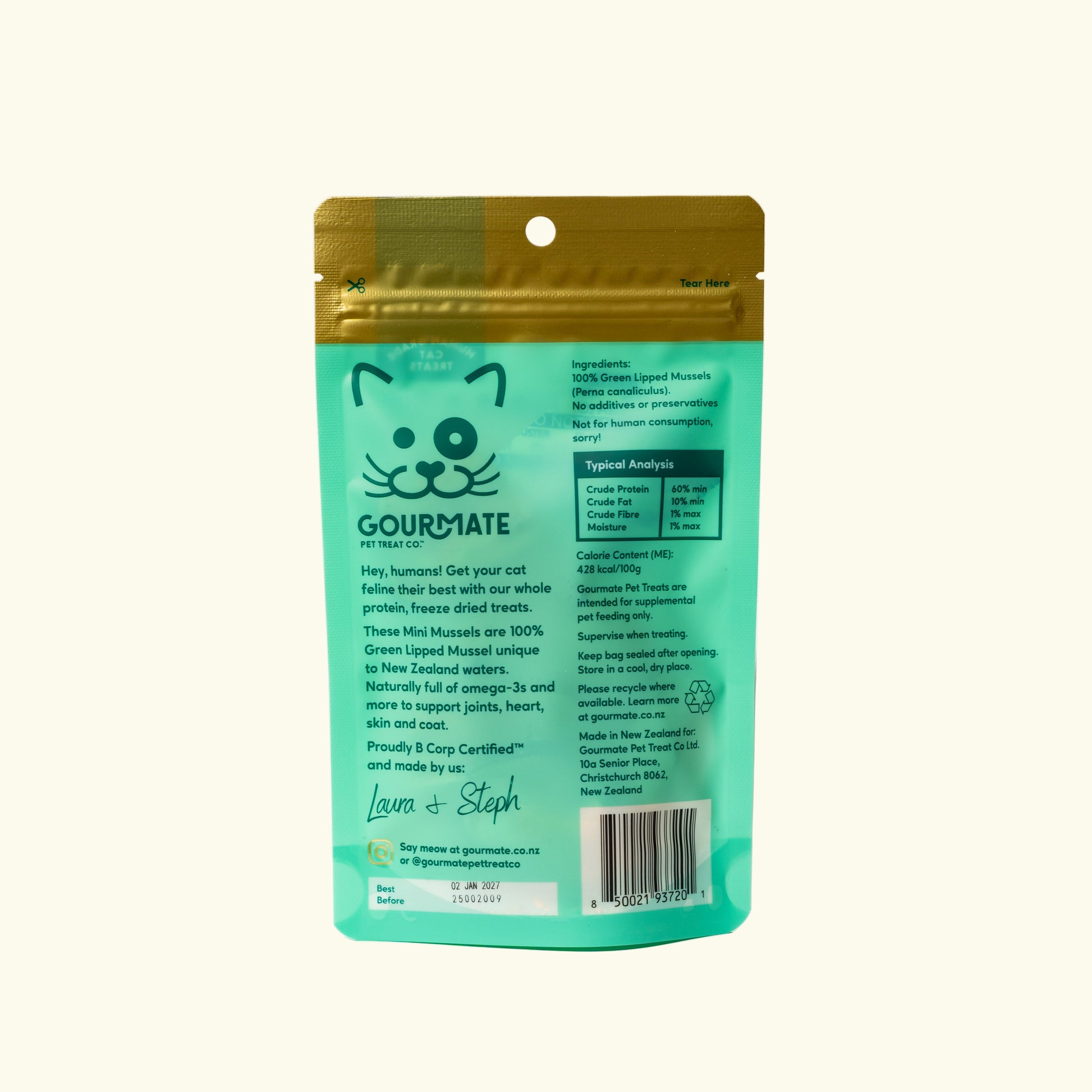 Gourmate pet treat (mini mussels for cats) packaging with a cat illustration on a white background