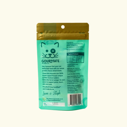 Gourmate pet treat (mini mussels for cats) packaging with a cat illustration on a white background
