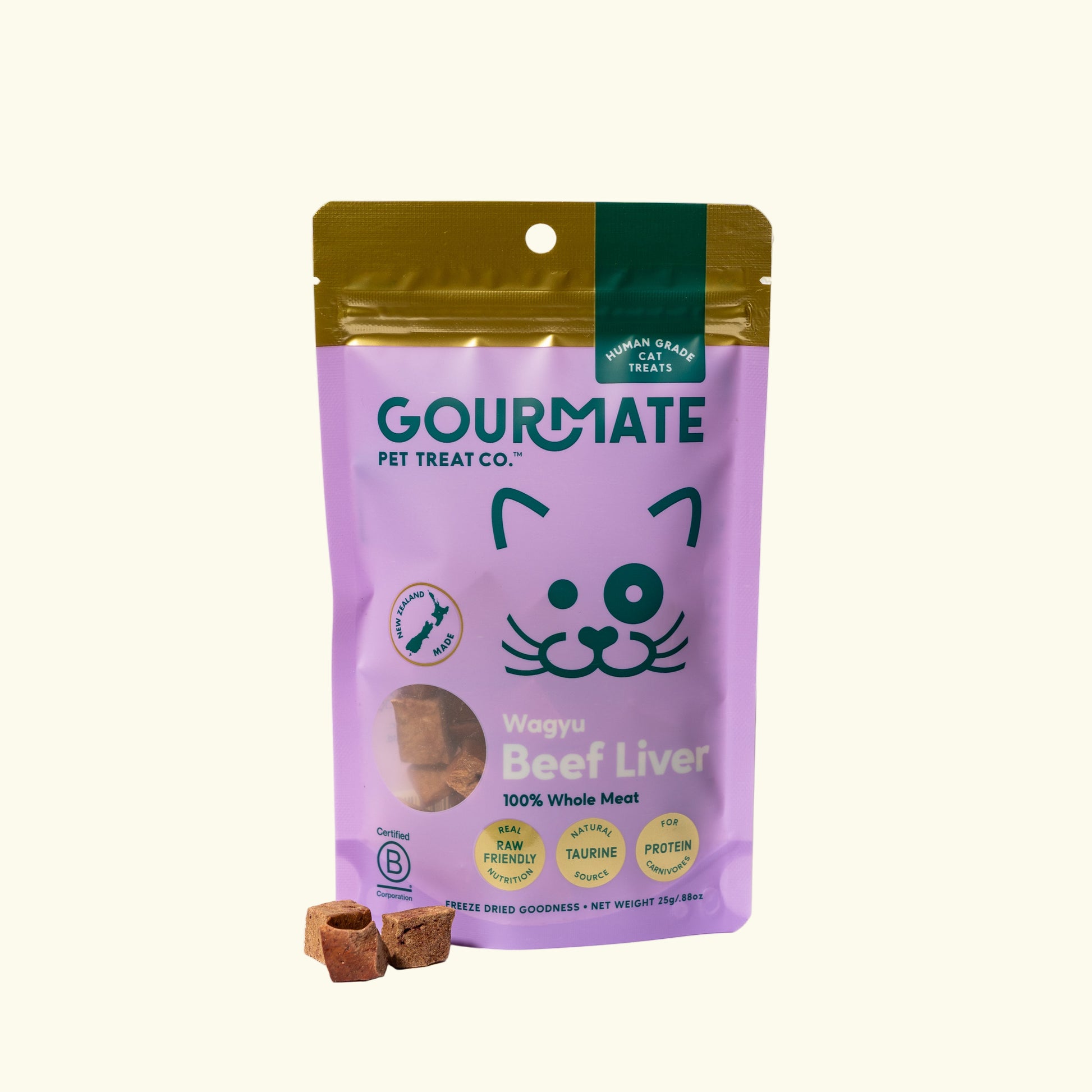 Gourmate pet treat package with a purple background
