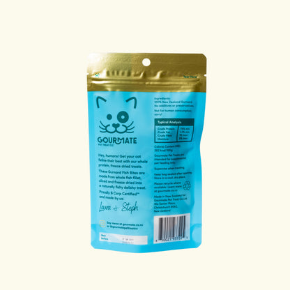 Gourmate Gurnard Fish Bites cat treat package with blue and gold design on a white background