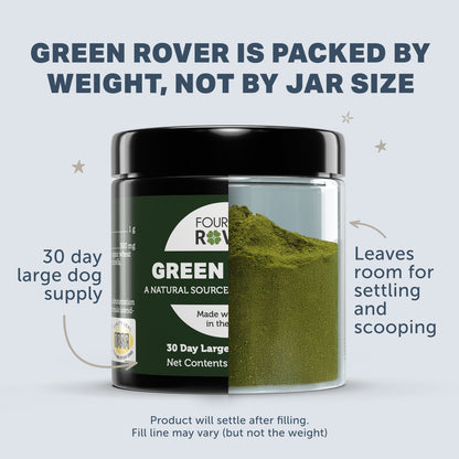 Container of Green Rover by Four Leaf Rover with text about weight packaging and product settling.