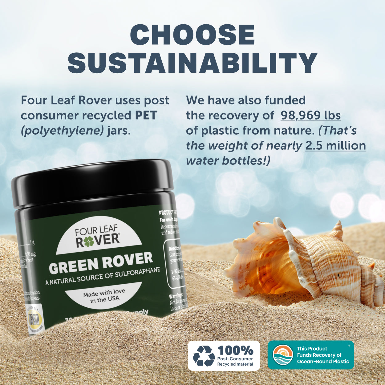 Green Rover by Four Leaf Rover product image with sustainability text and graphics on a beach background