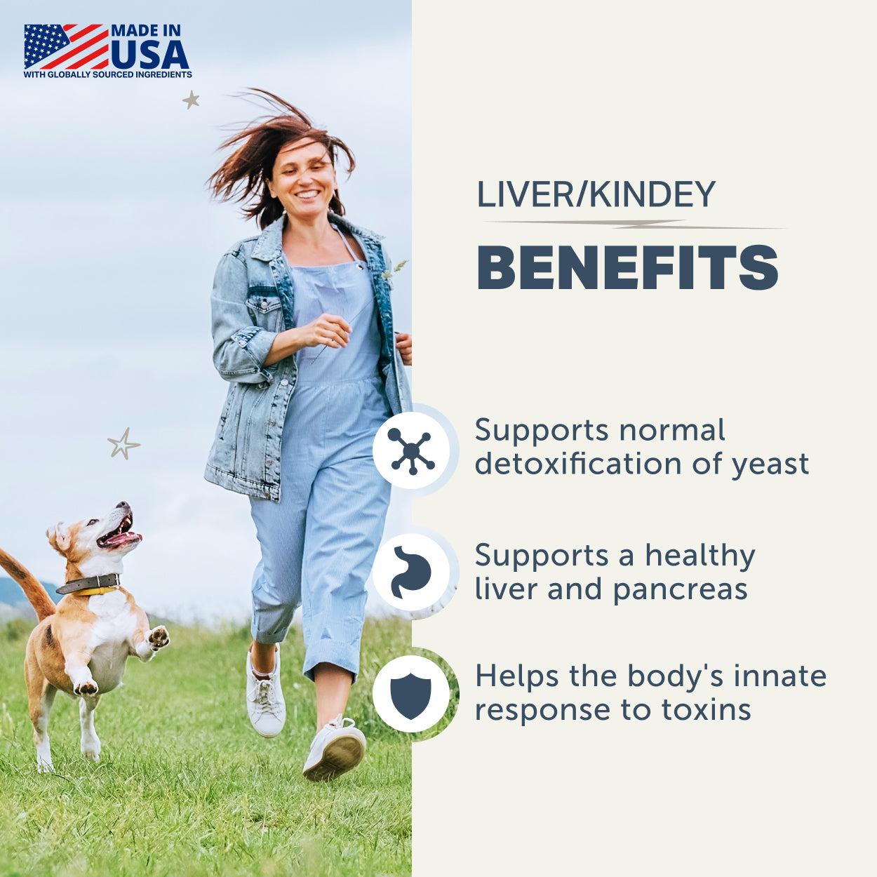 Woman running with a dog in a field, with text about benefits of Liver/Kidney Clean supplement by Four Leaf Rover. 