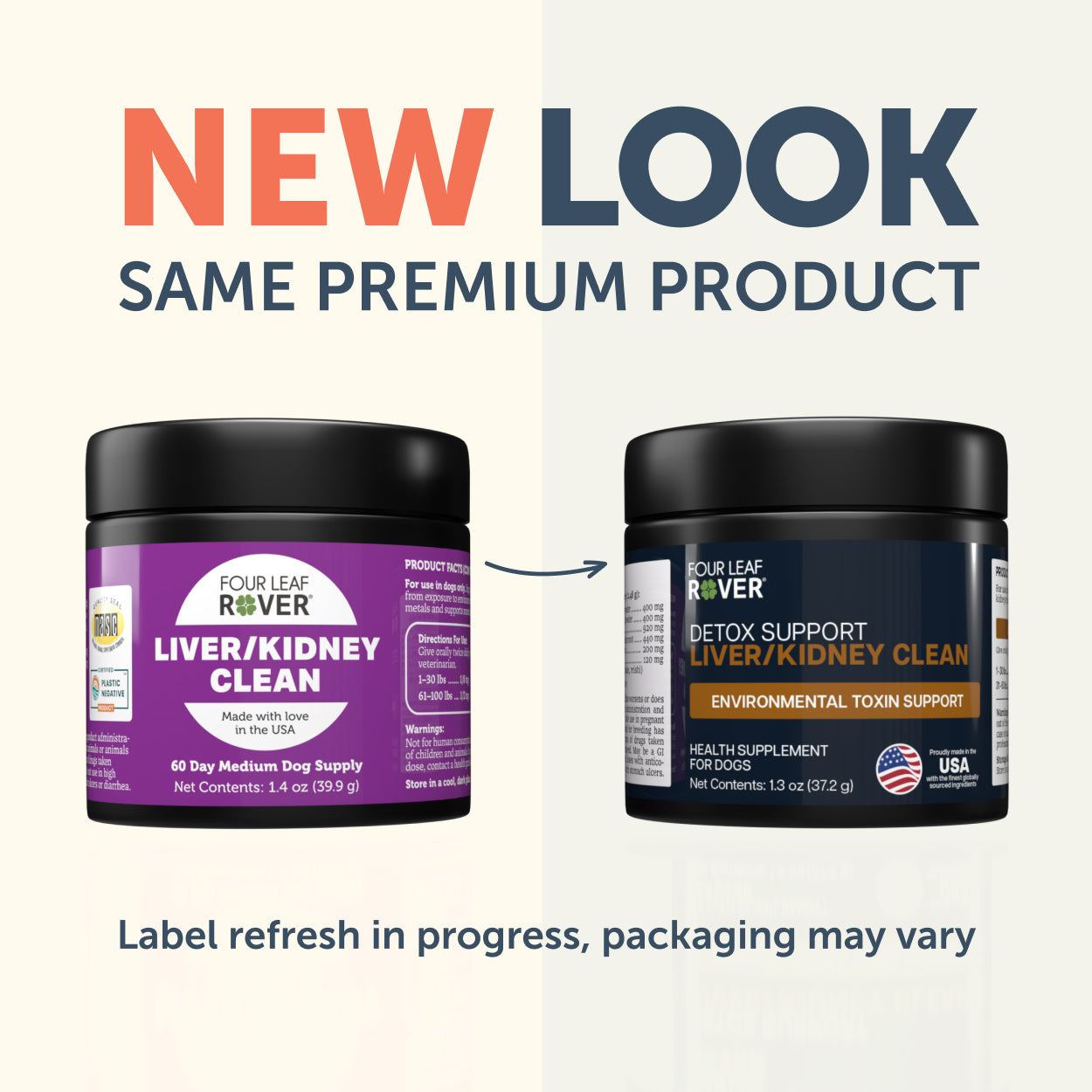 Liver/Kidney Clean supplement by Four Leaf Rover jars with labels indicating a label refresh and same premium product.