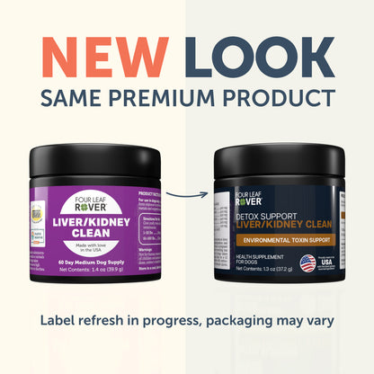 Liver/Kidney Clean supplement by Four Leaf Rover jars with labels indicating a label refresh and same premium product.