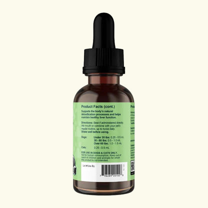Bottle of Animal Essentials Liver Defense pet supplement with dropper and green label on a white background
