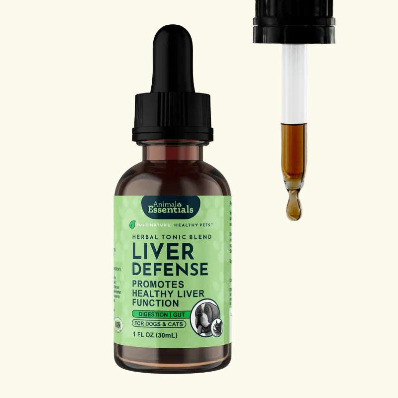 Bottle of Animal Essentials Liver Defense pet supplement with dropper on a white background