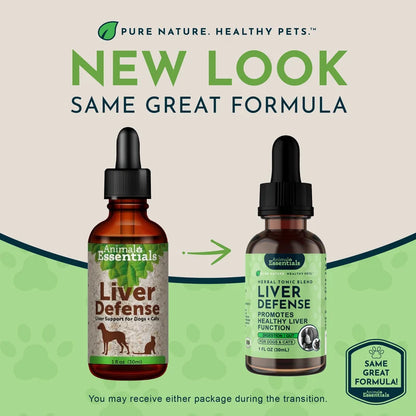 Two amber dropper bottles of Animal Essentials Liver Defense pet supplement shown side by side on a beige and green promotional background with the text 'NEW LOOK SAME GREAT FORMULA'.