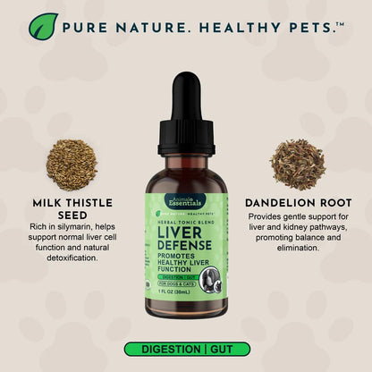 Bottle of Animal Essentials Liver Defense pet supplement  with ingredients and benefits on a beige background