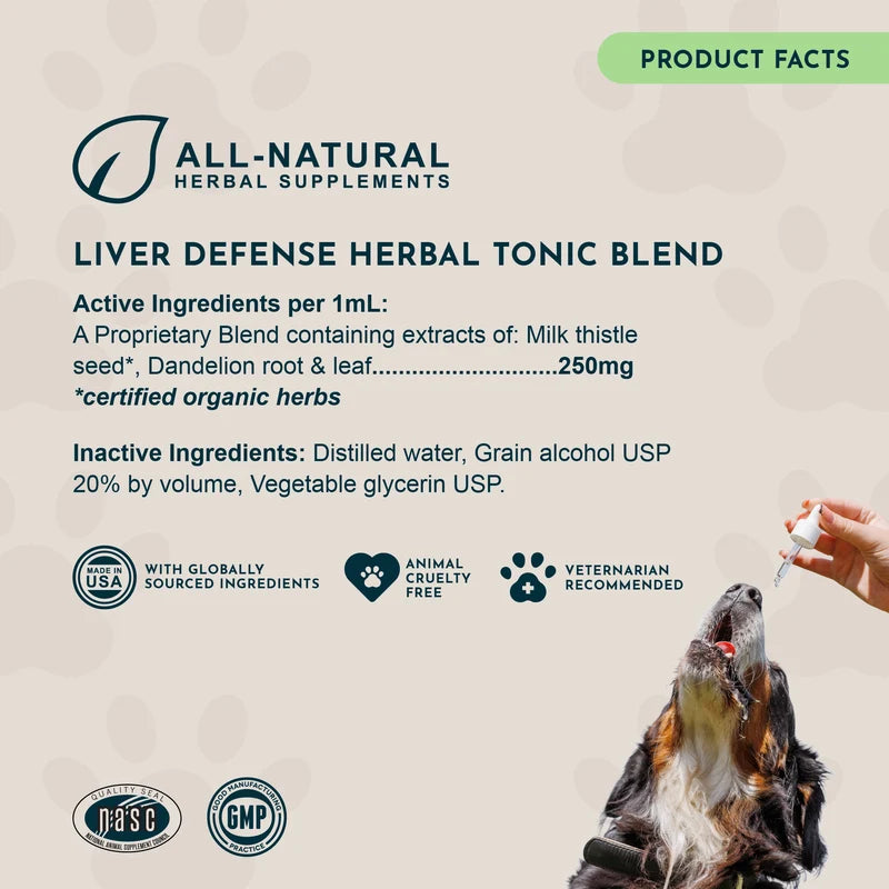 Product label for liver defense herbal tonic blend with a dog and hand holding a dropper.