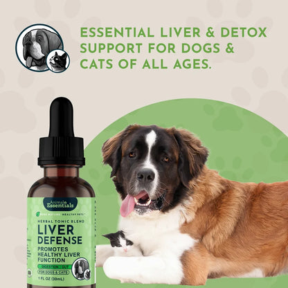 Bottle of Liver Defense pet supplement for dogs and cats with a large dog lying down on a green background.