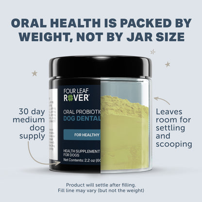 Oral Health by Four Leaf Rover supplement jar with text about oral health and product details.