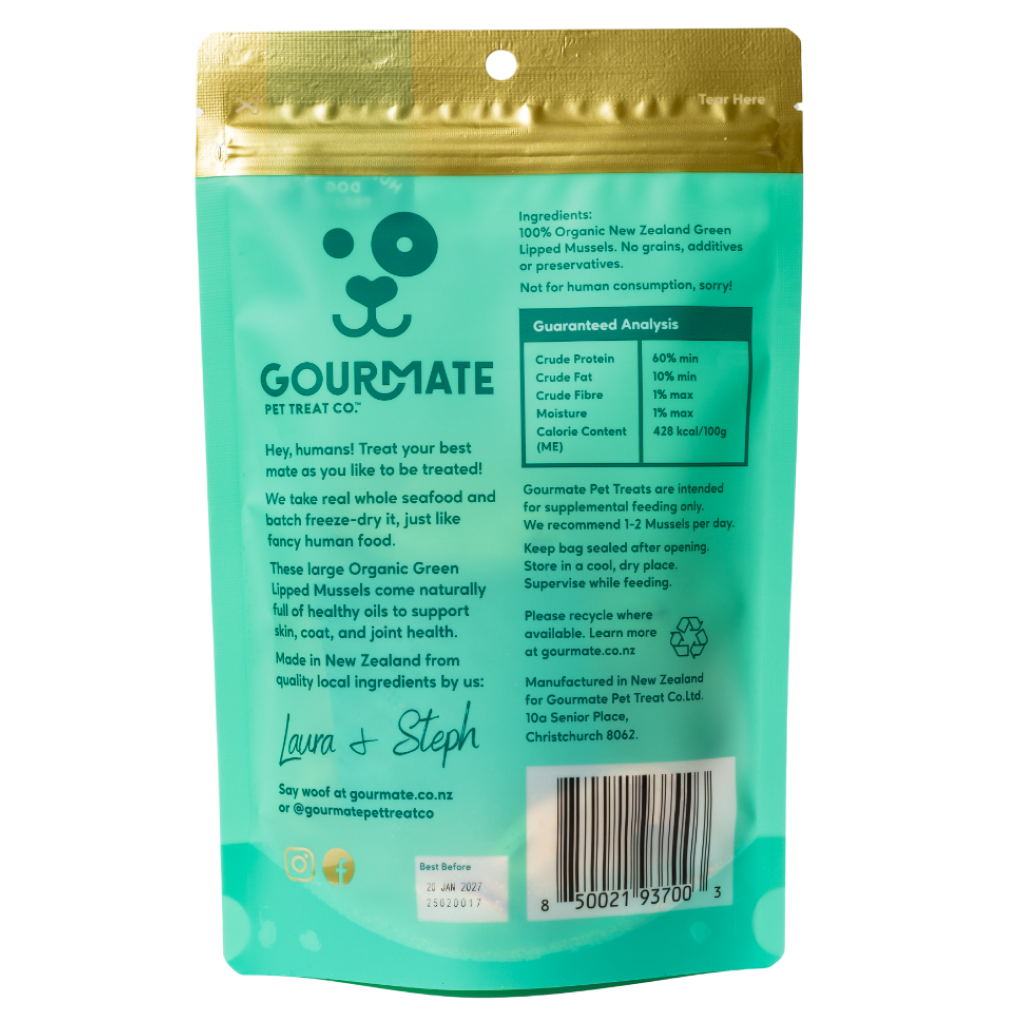Gourmate Organic Green Lipped Mussels dog treats pack label