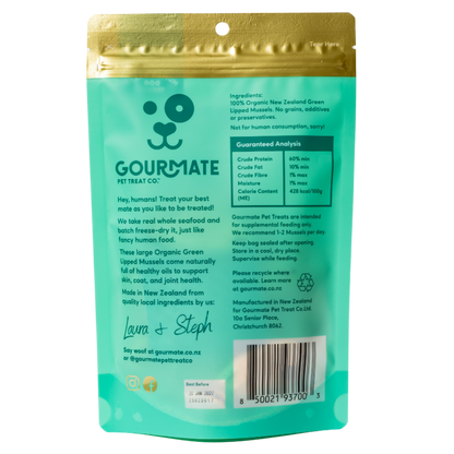 Gourmate Organic Green Lipped Mussels dog treats pack label