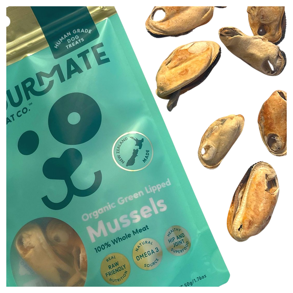 Gourmate Organic Green Lipped Mussels close-up treats packaging