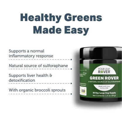 Green Rover supplement jar with text about healthy greens and its benefits on a white background